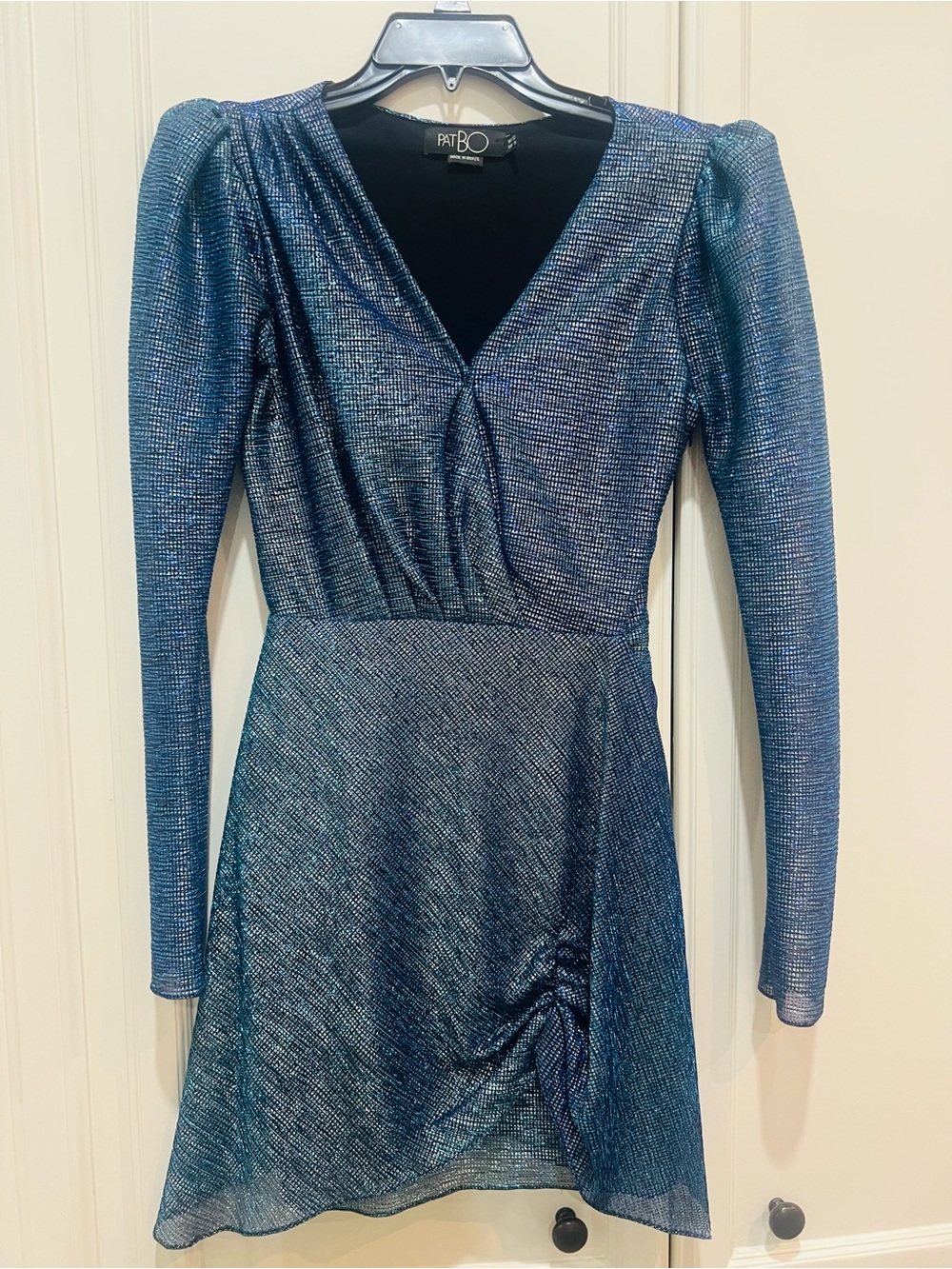 PatBO Metallic Blue Long-Sleeve V-Neck Mini Dress